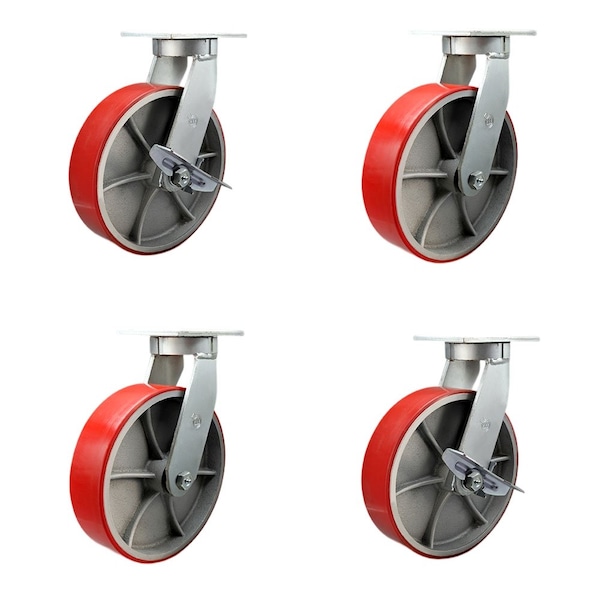 Service Caster 12'' Heavy Duty Red Poly on Cast Iron Caster Set 2 Swivel Lock 2 Brakes, 4PK CRAN-SCC-KP92S1230-PUR-RS-BSL-2-SLB2 - main
